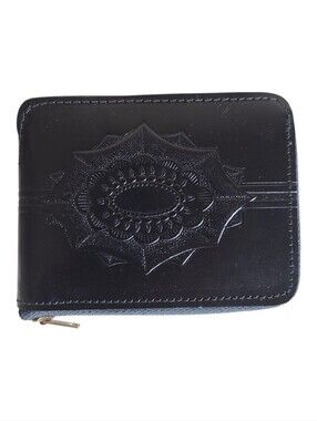top grain cowhide embossed zip-around bifold wallet black